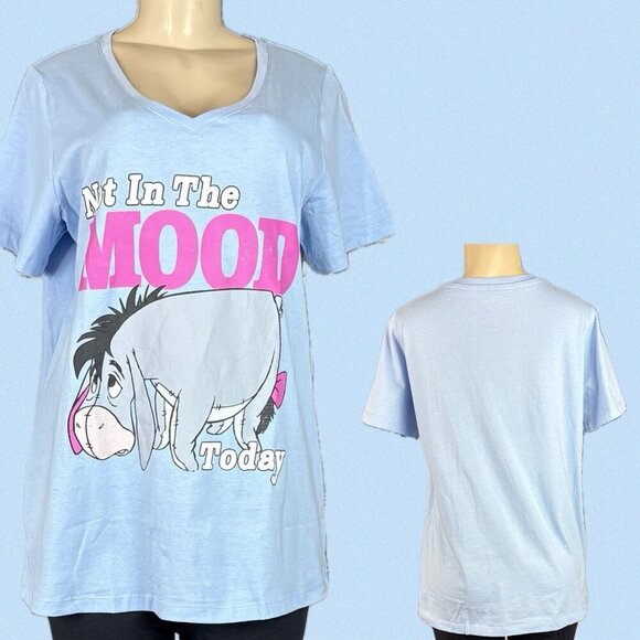 Disney M Blue EeYore Mood Graphic V-Neckline Relaxed Fit Cotton Short Sleeve Tee - Picture 1 of 6